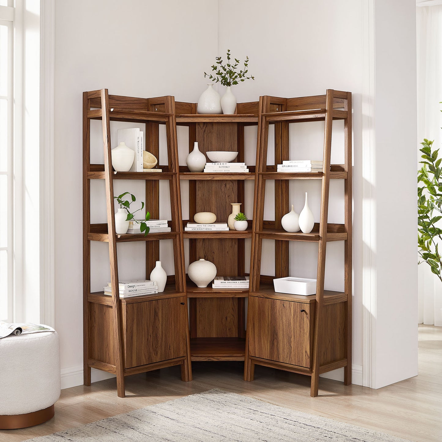 Finch 3-piece Corner Bookshelf Set with Narrow Bookshelves in Walnut