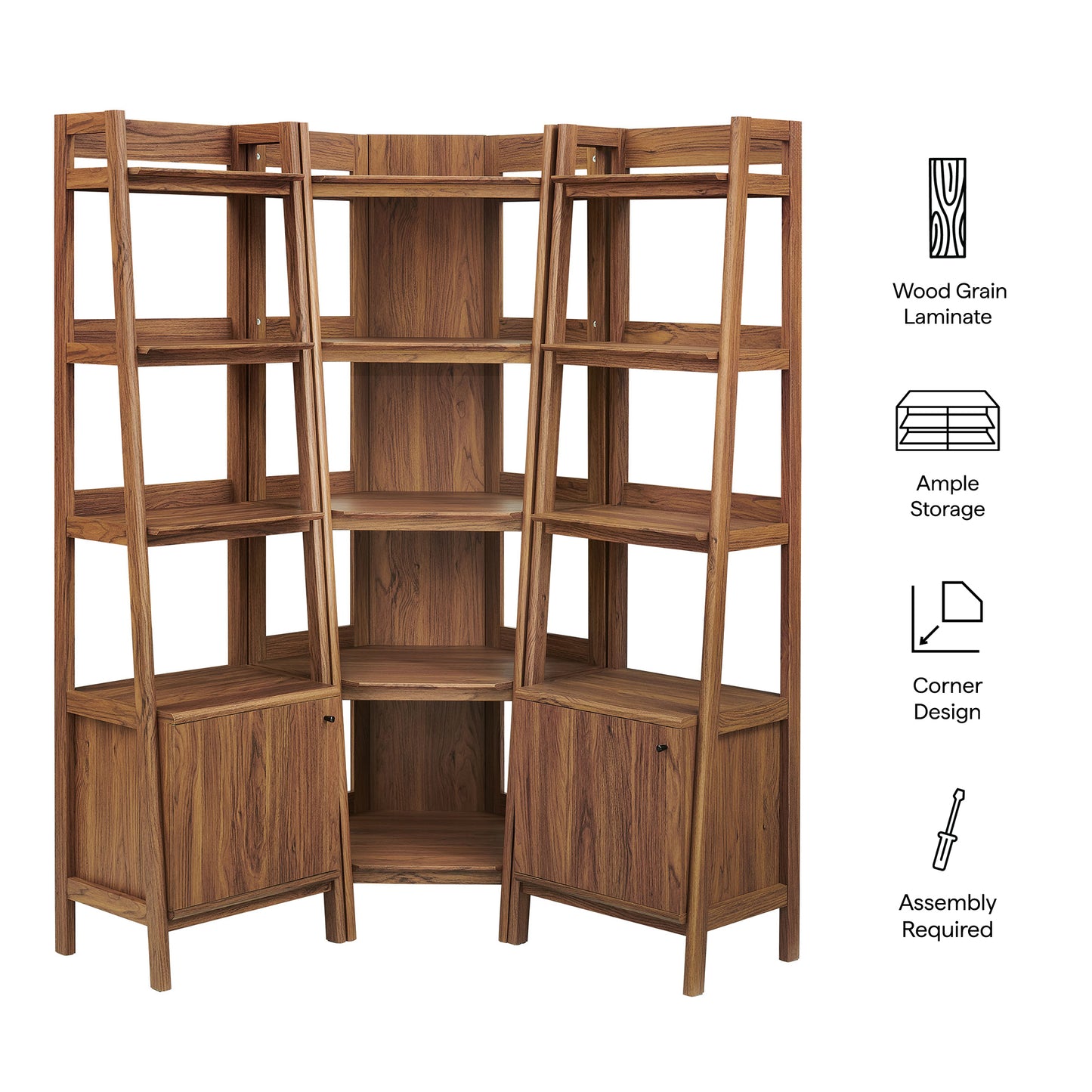 Finch 3-piece Corner Bookshelf Set with Narrow Bookshelves in Walnut