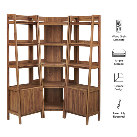 Bixby 3-piece Corner Bookshelf Set with Narrow Bookshelves in Walnut