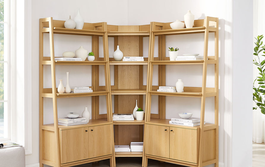 Finch 3-Piece Corner Bookshelf Set with Wide Bookshelves in Oak