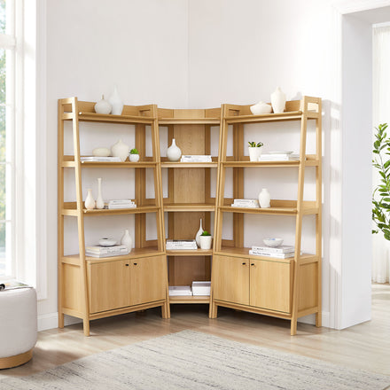 Bixby 3-Piece Corner Bookshelf Set with Wide Bookshelves in Oak