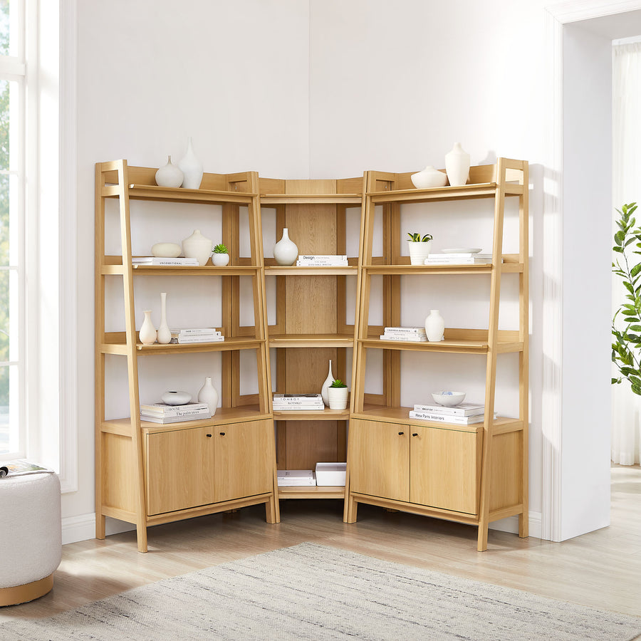 Finch 3-Piece Corner Bookshelf Set with Wide Bookshelves in Oak