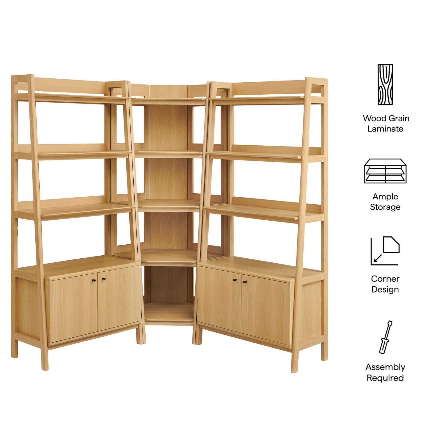 Finch 3-Piece Corner Bookshelf Set with Wide Bookshelves in Oak