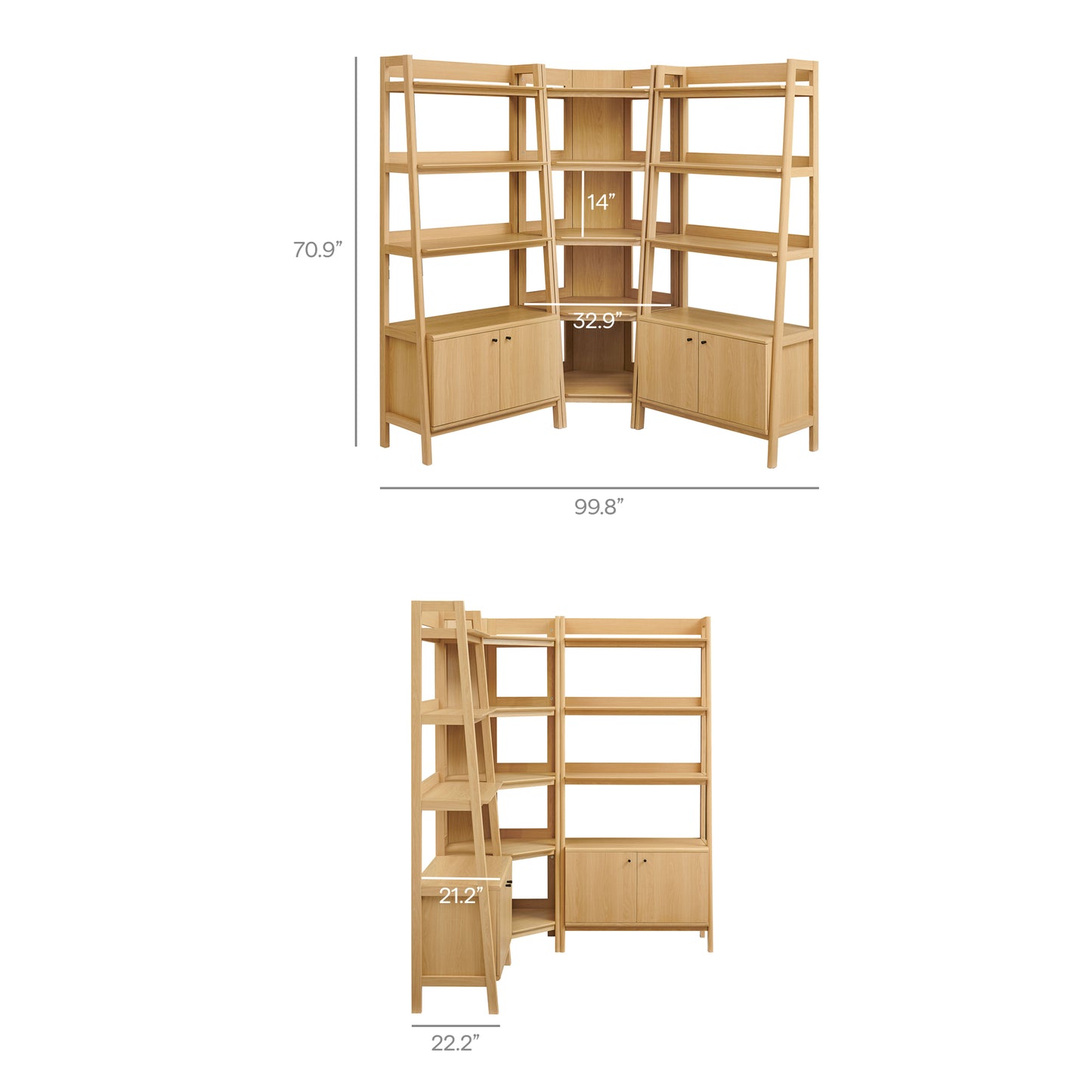Finch 3-Piece Corner Bookshelf Set with Wide Bookshelves in Oak