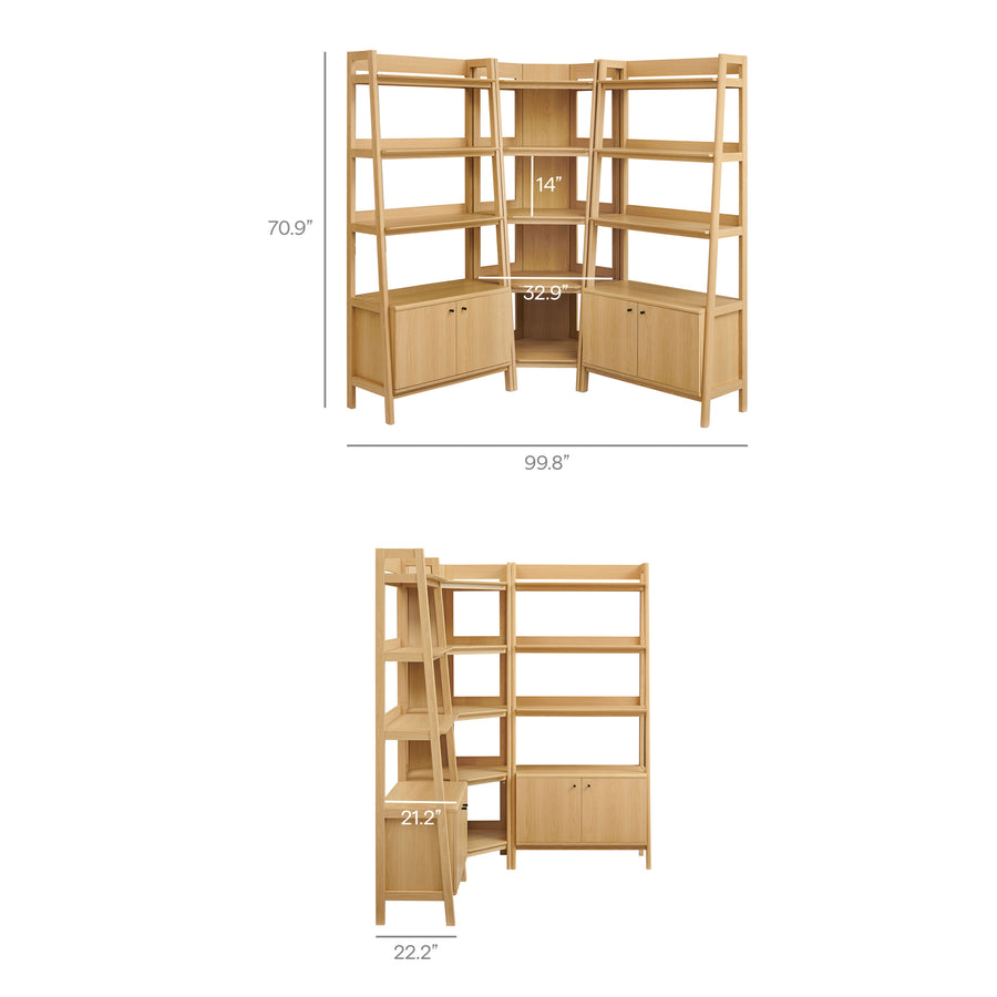 Finch 3-Piece Corner Bookshelf Set with Wide Bookshelves in Oak