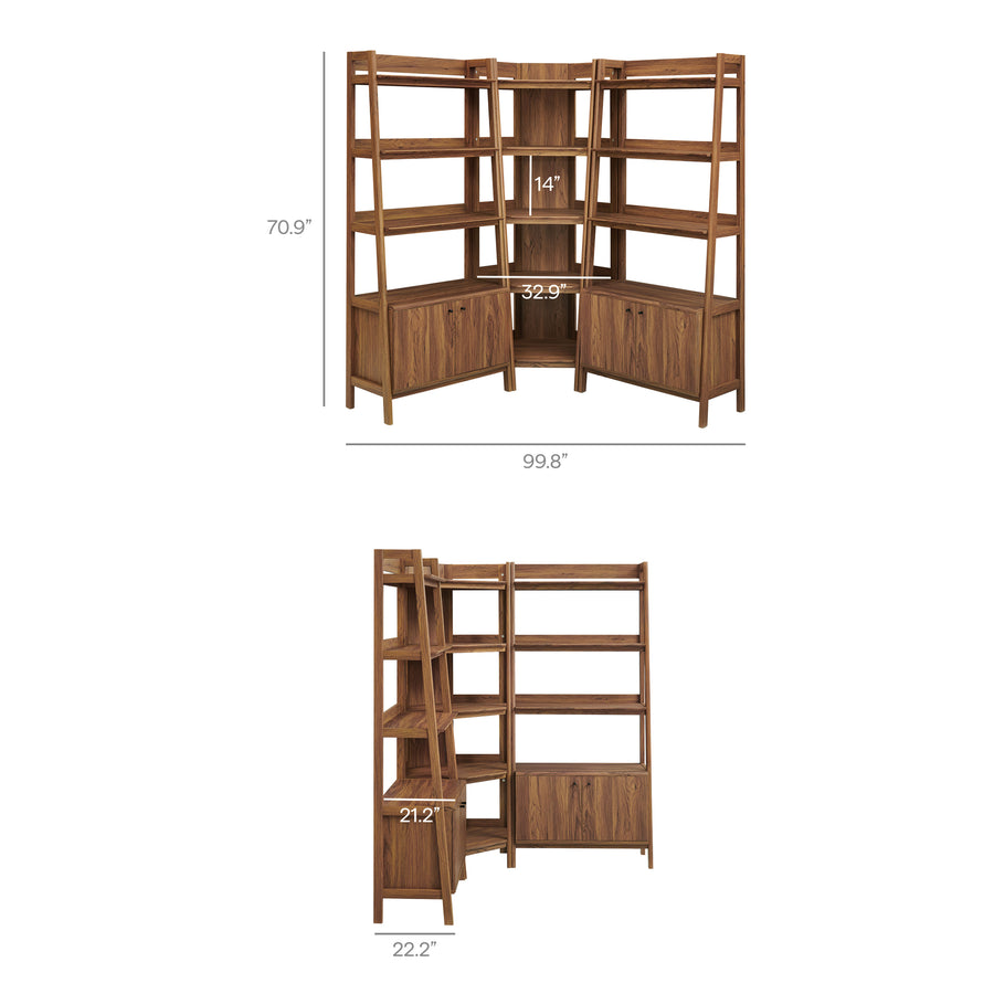 Finch 3-Piece Corner Bookshelf Set with Wide Bookshelves in Walnut