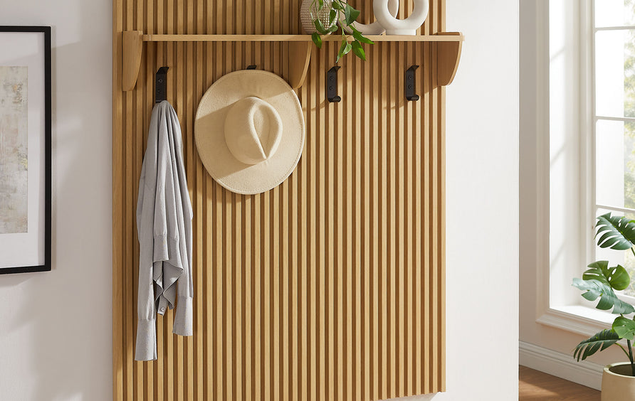Vera Fluted Coat Rack Panel With Shelf in Light Oak