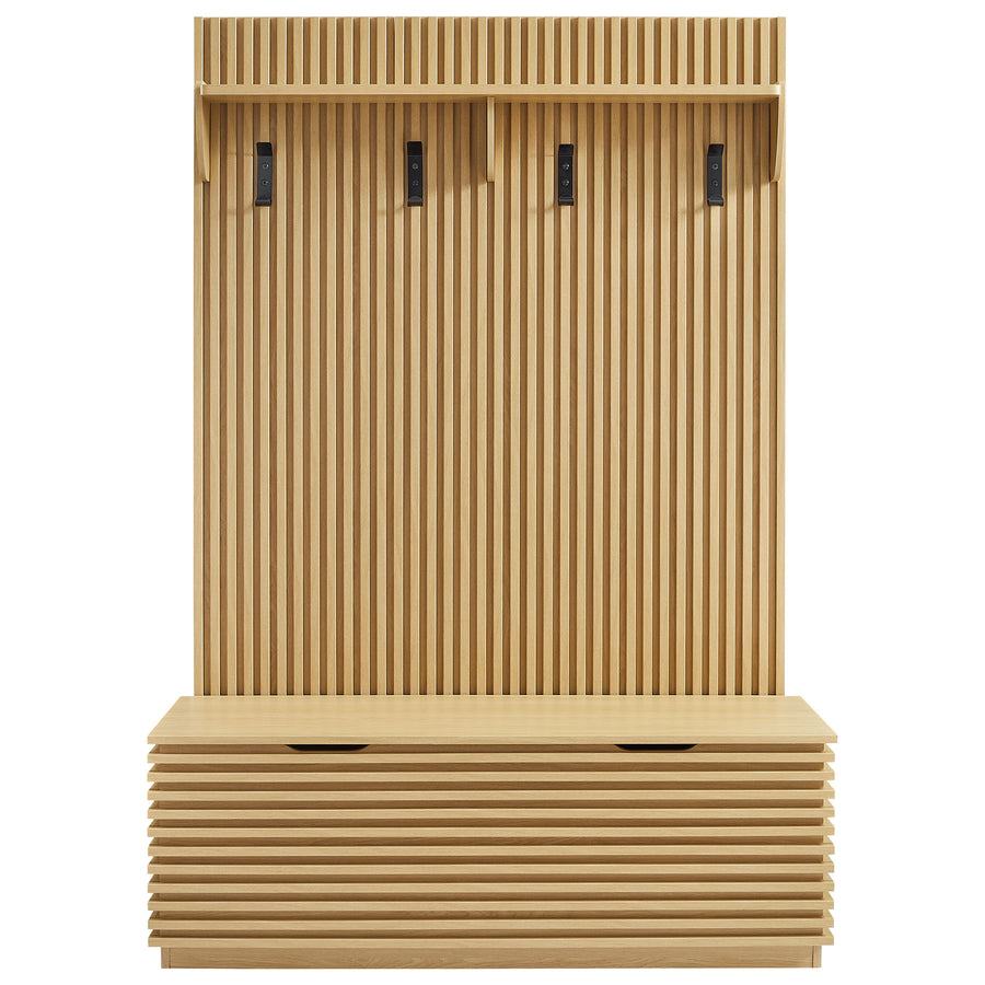 Vera Fluted 3-in-1 Hall Tree With Storage Bench and Coat Rack in Oak