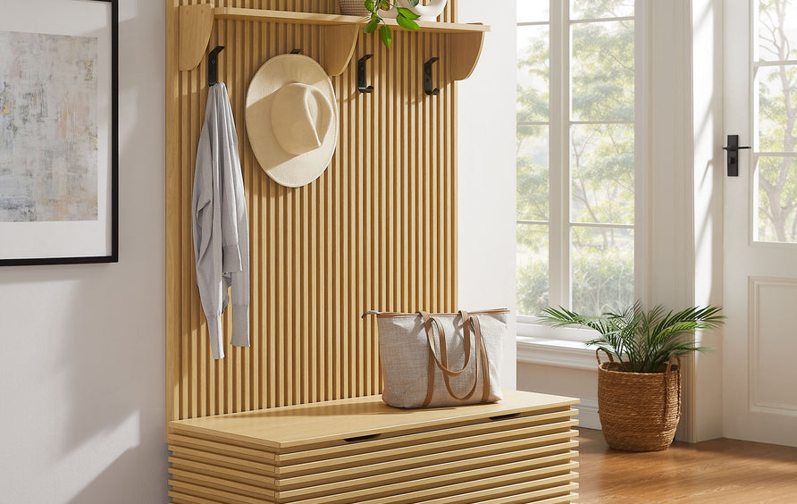 Vera Fluted 3-in-1 Hall Tree With Storage Bench and Coat Rack in Oak