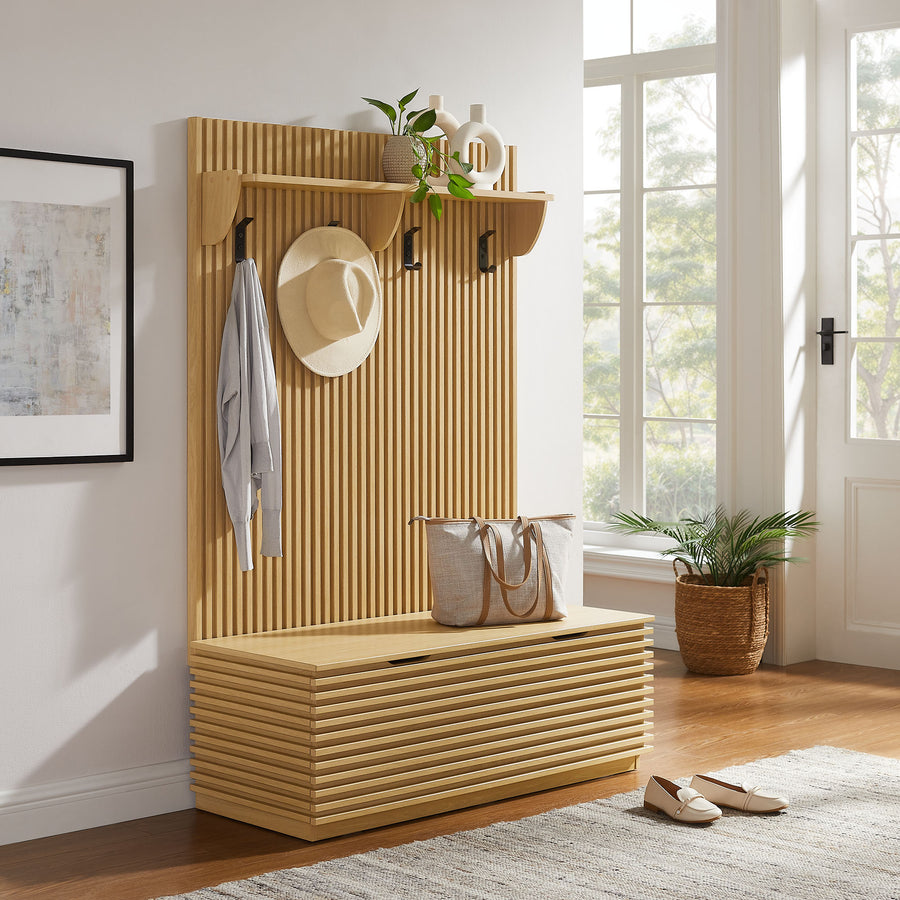 Vera Fluted 3-in-1 Hall Tree With Storage Bench and Coat Rack in Oak