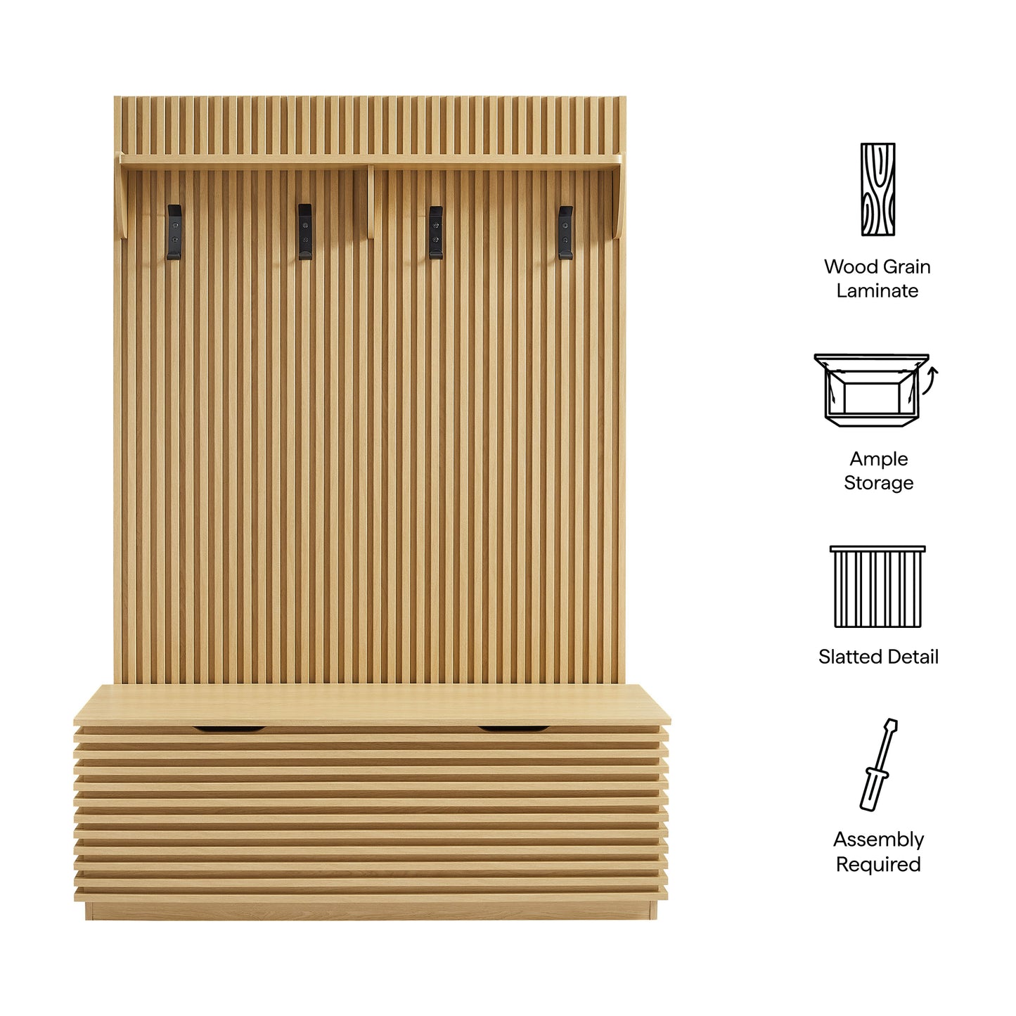 Vera Fluted 3-in-1 Hall Tree With Storage Bench and Coat Rack in Oak