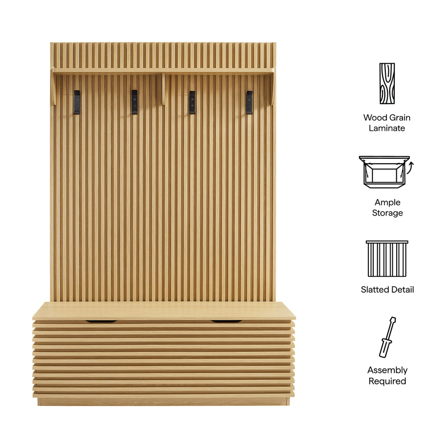 Vera Fluted 3-in-1 Hall Tree With Storage Bench and Coat Rack in Oak