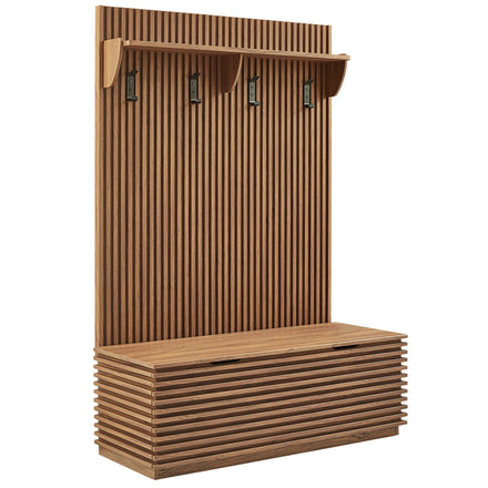 Render Fluted 3-in-1 Hall Tree With Storage Bench and Coat Rack in Walnut