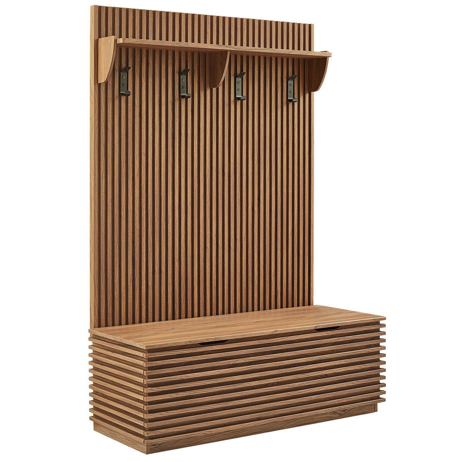 Vera Fluted 3-in-1 Hall Tree With Storage Bench and Coat Rack in Walnut