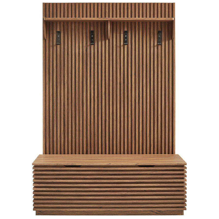 Vera Fluted 3-in-1 Hall Tree With Storage Bench and Coat Rack in Walnut