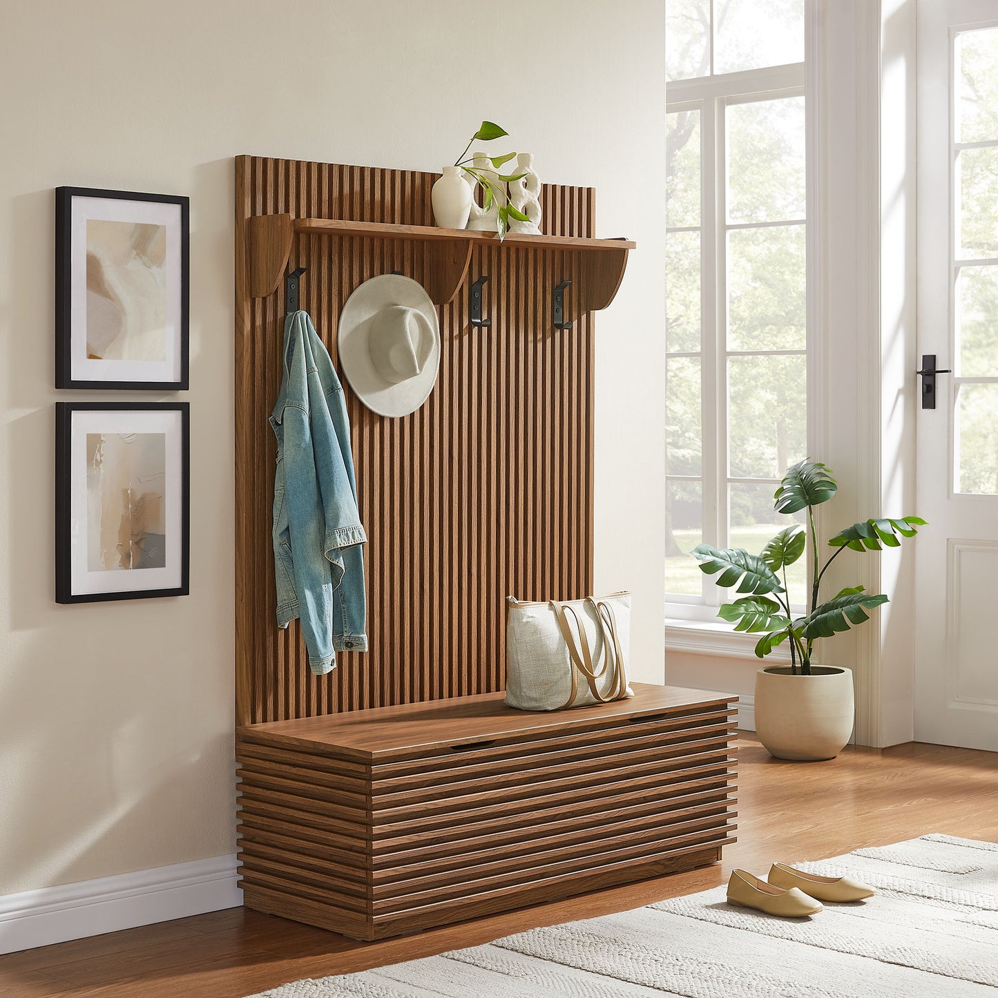 Vera Fluted 3-in-1 Hall Tree With Storage Bench and Coat Rack in Walnut