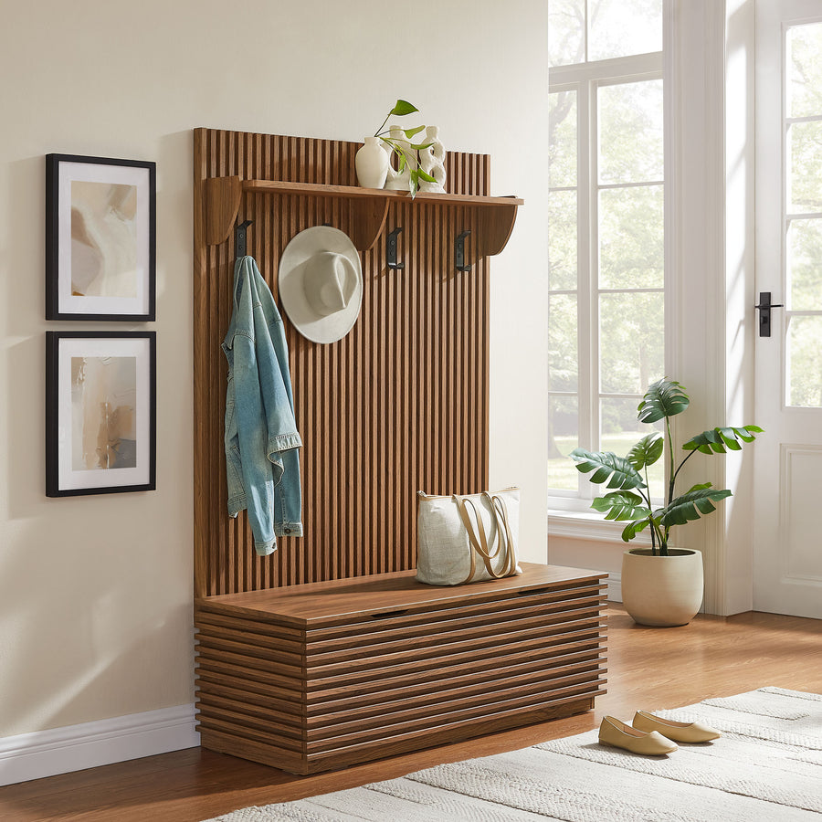 Vera Fluted 3-in-1 Hall Tree With Storage Bench and Coat Rack in Walnut