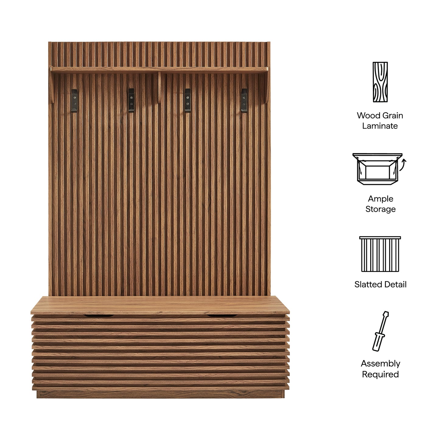 Vera Fluted 3-in-1 Hall Tree With Storage Bench and Coat Rack in Walnut