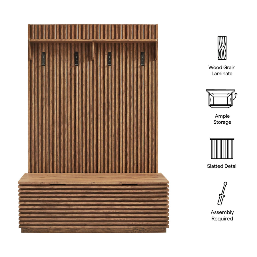 Vera Fluted 3-in-1 Hall Tree With Storage Bench and Coat Rack in Walnut