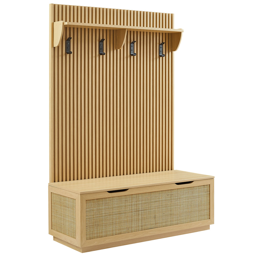 Wren Fluted 3-in-1 Hall Tree With Storage Bench and Coat Rack in Light Oak