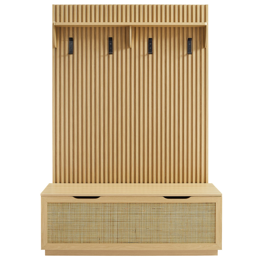 Wren Fluted 3-in-1 Hall Tree With Storage Bench and Coat Rack in Light Oak