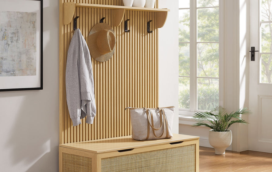 Wren Fluted 3-in-1 Hall Tree With Storage Bench and Coat Rack in Light Oak