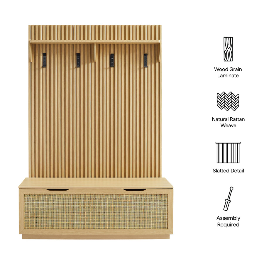 Wren Fluted 3-in-1 Hall Tree With Storage Bench and Coat Rack in Light Oak