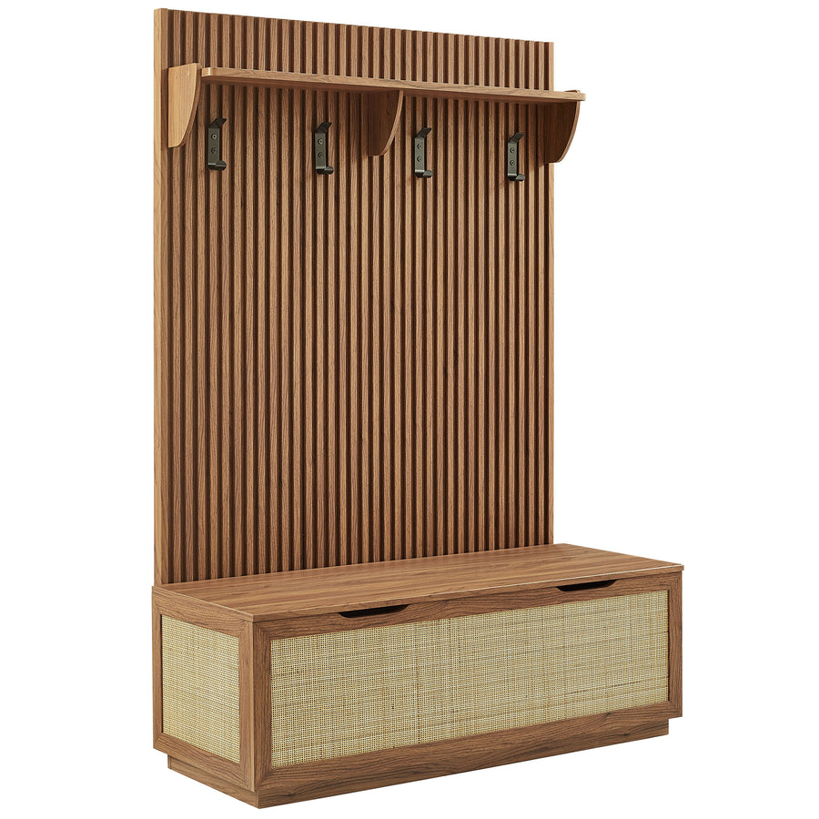 Wren Fluted 3-in-1 Hall Tree With Storage Bench and Coat Rack in Walnut