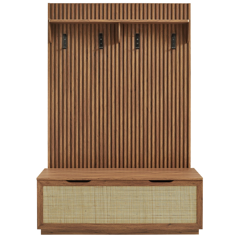 Wren Fluted 3-in-1 Hall Tree With Storage Bench and Coat Rack in Walnut