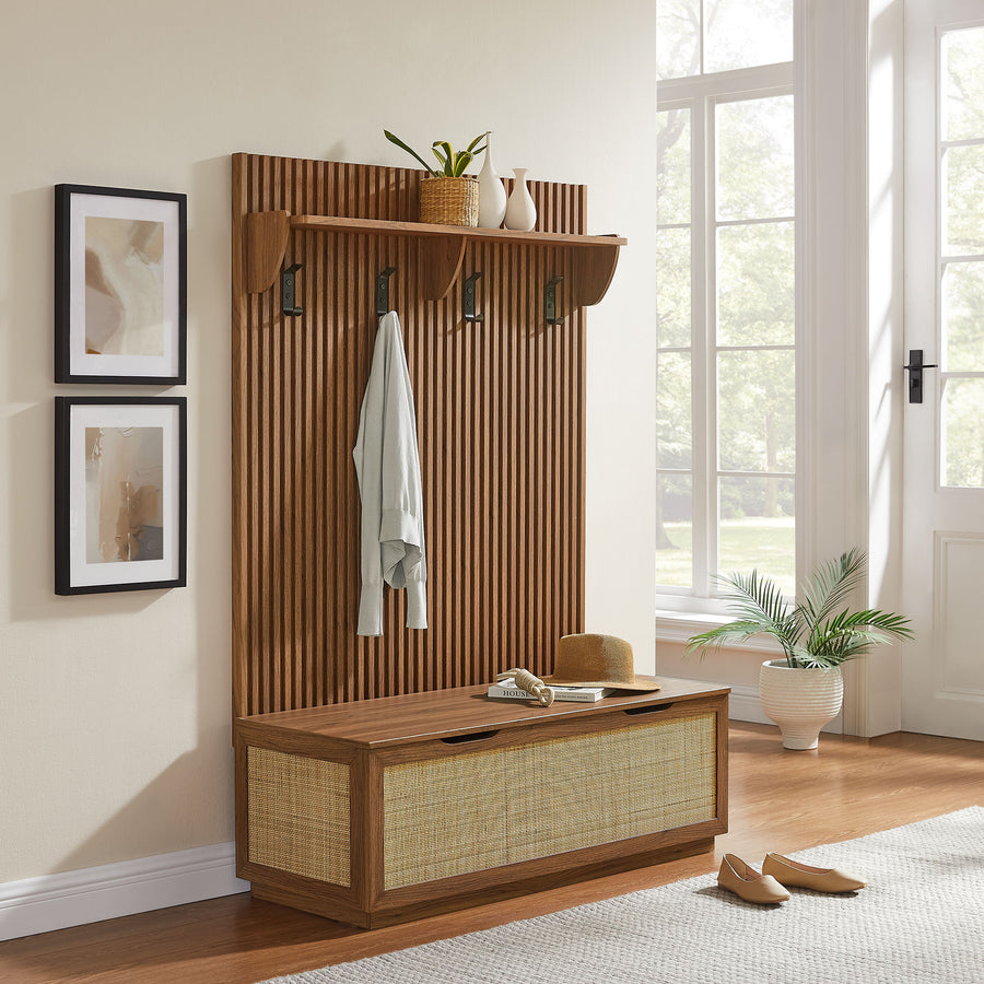 Wren Fluted 3-in-1 Hall Tree With Storage Bench and Coat Rack in Walnut