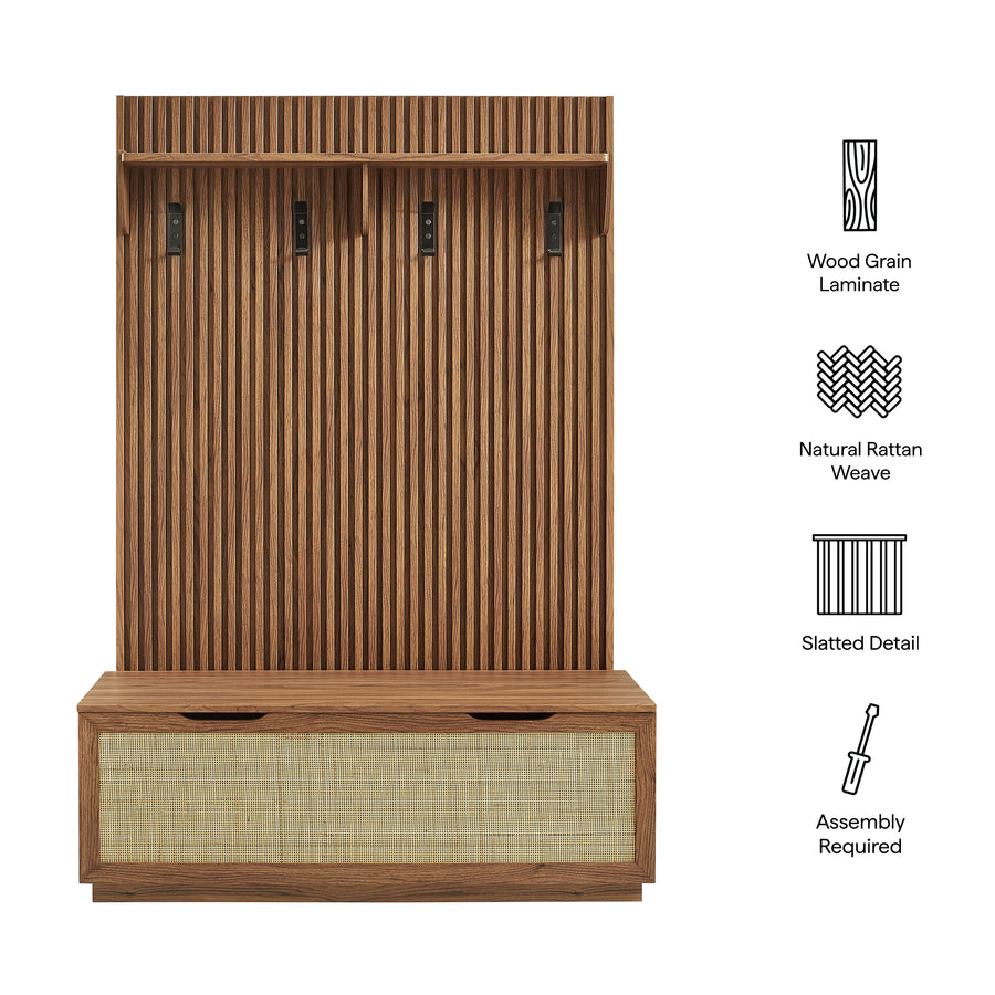 Wren Fluted 3-in-1 Hall Tree With Storage Bench and Coat Rack in Walnut