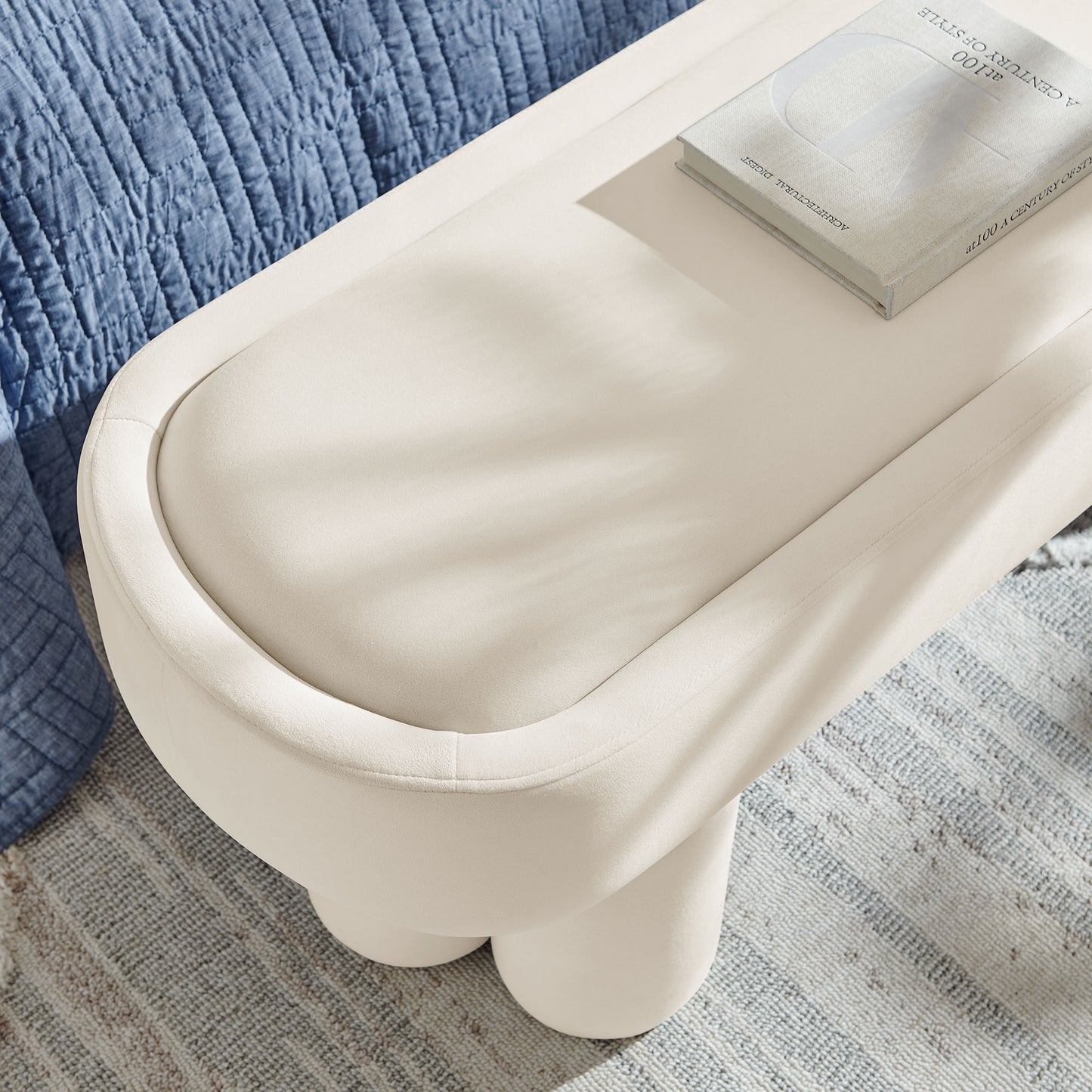 Elemi Oval Performance Velvet Accent Bench in Alabster