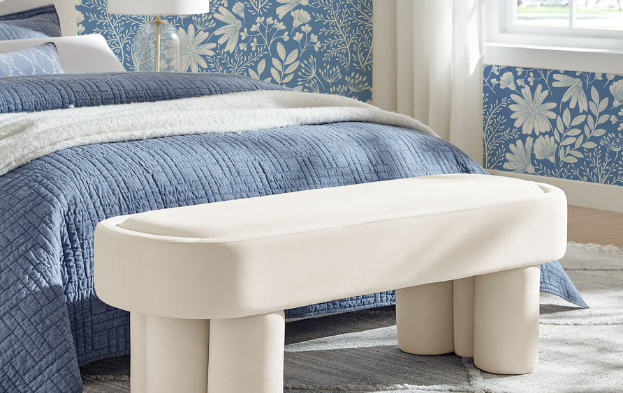 Elemi Oval Performance Velvet Accent Bench in Alabster