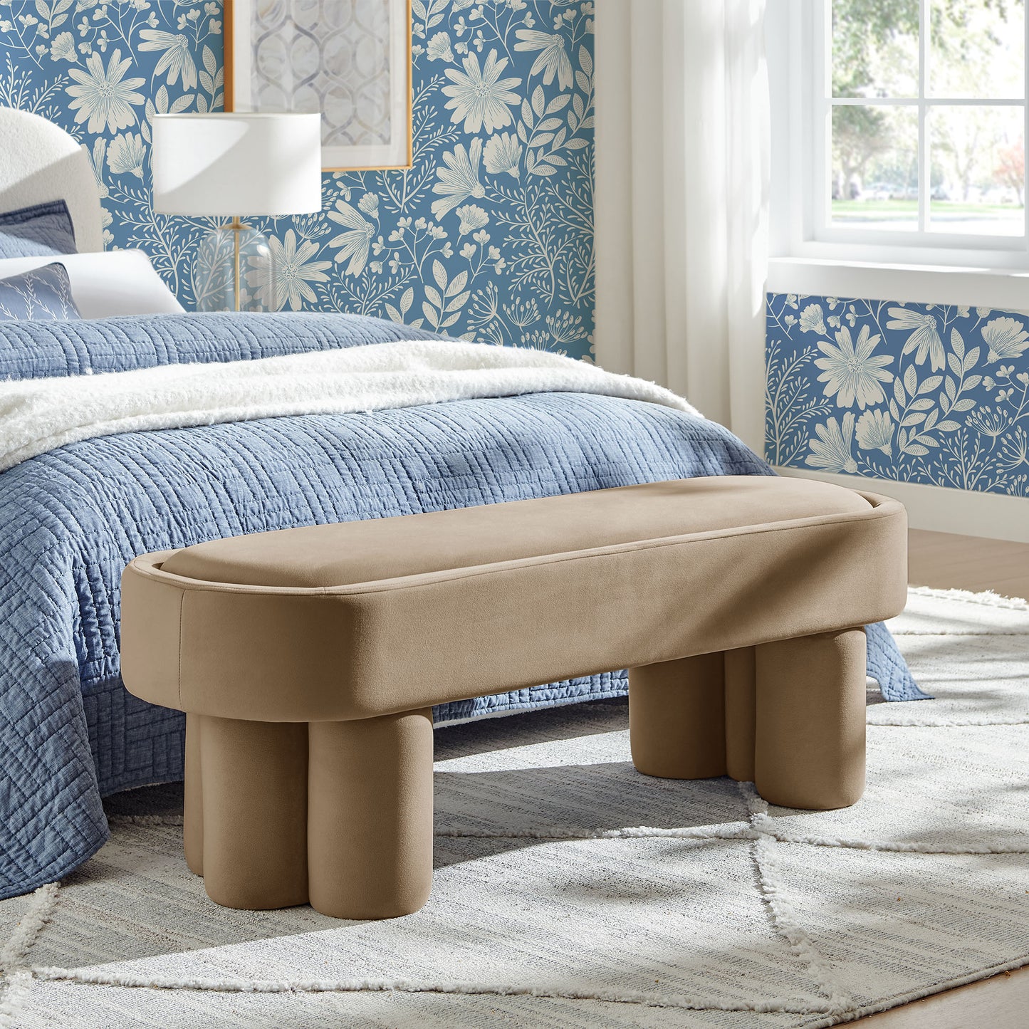 Elemi Oval Performance Velvet Accent Bench in Taupe