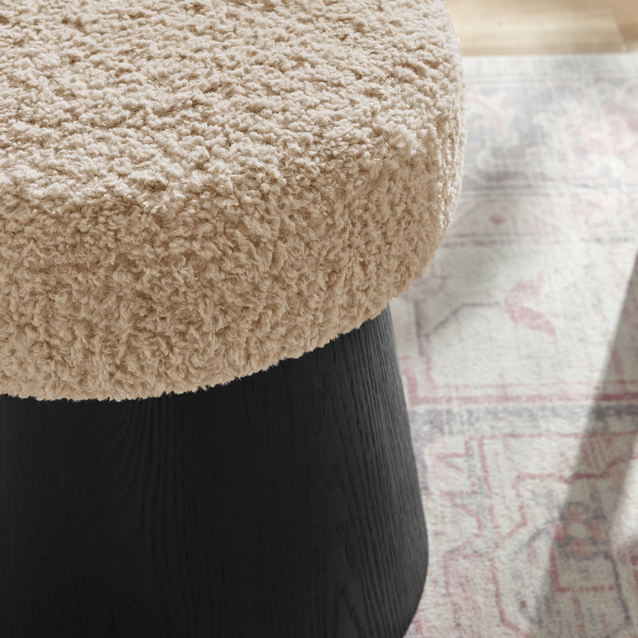 Baeza Round Faux Shearling Ottoman Footstool in Oatmeal Black