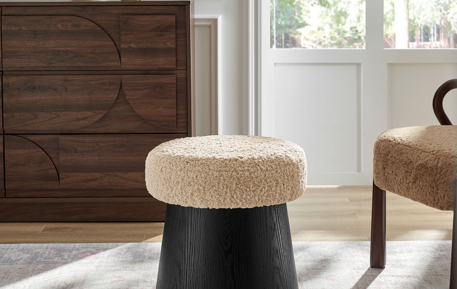 Baeza Round Faux Shearling Ottoman Footstool in Oatmeal Black