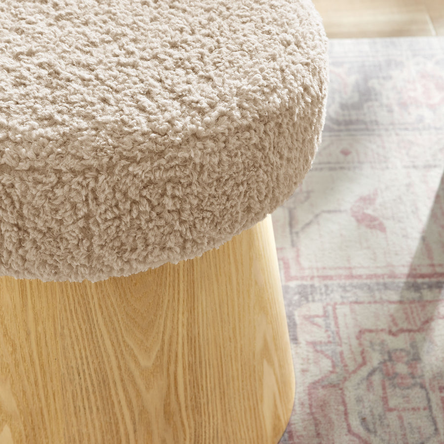 Baeza Round Faux Shearling Ottoman Footstool in Oatmeal Oak