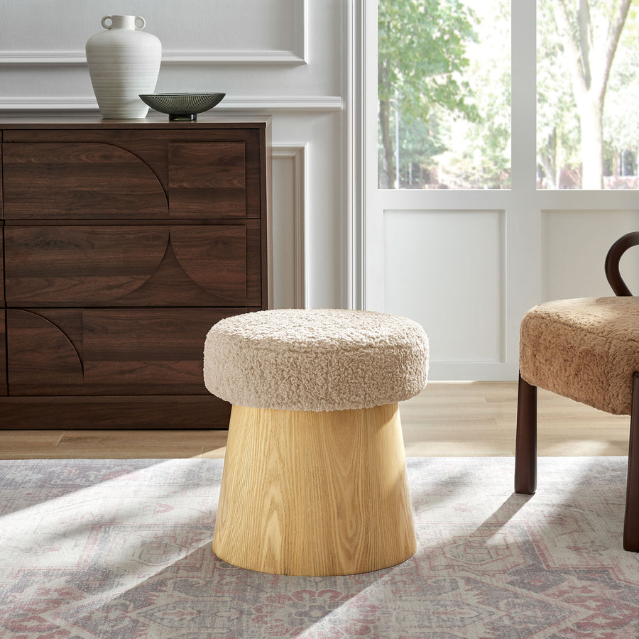 Baeza Round Faux Shearling Ottoman Footstool in Oatmeal Oak