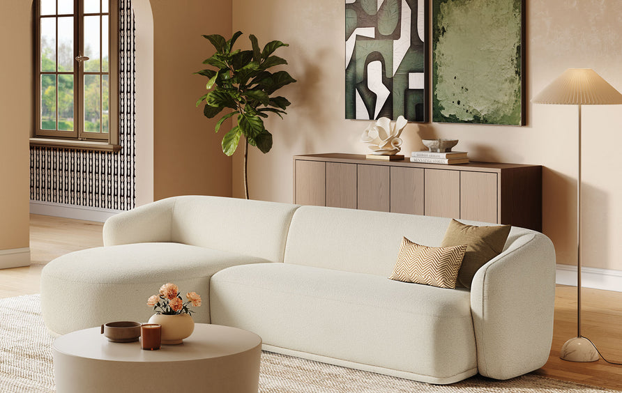Myrrh 2 Piece Left Facing Boucle Fabric Modular Sofa with Chaise in Cream