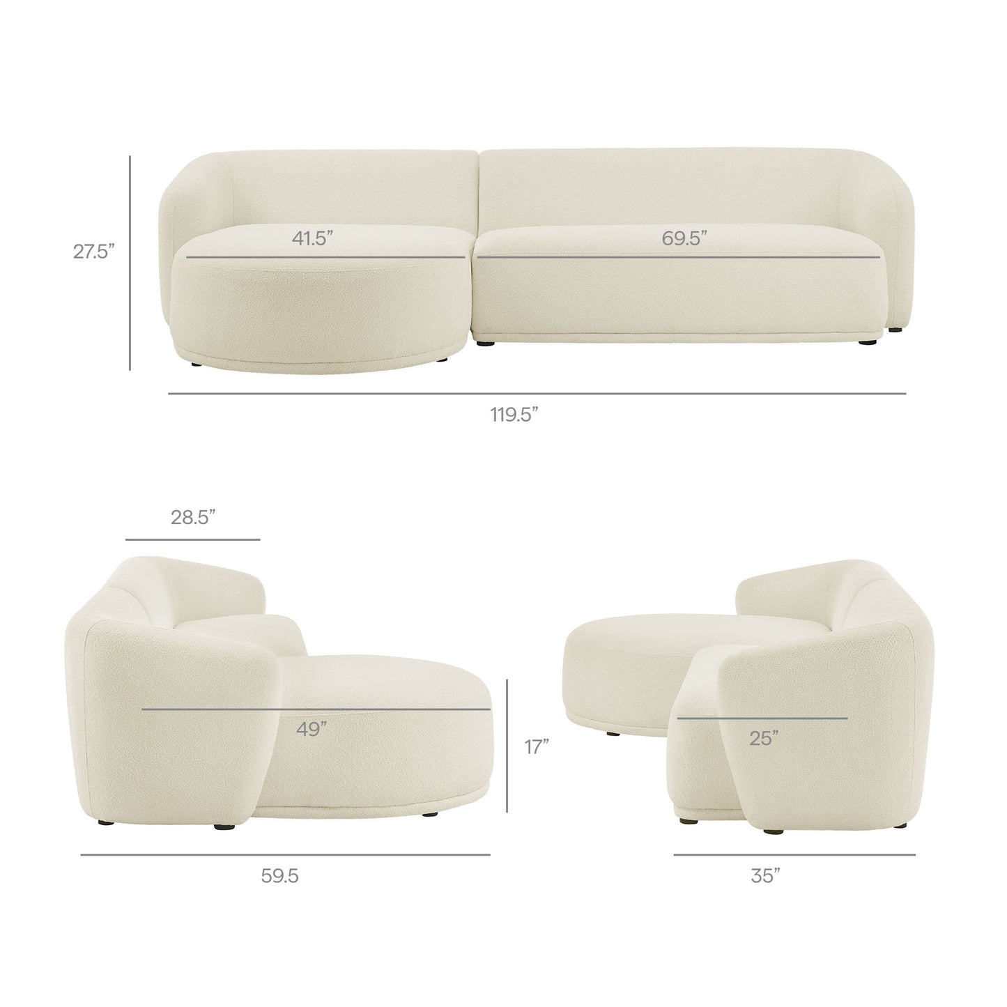 Myrrh 2 Piece Left Facing Boucle Fabric Modular Sofa with Chaise in Cream