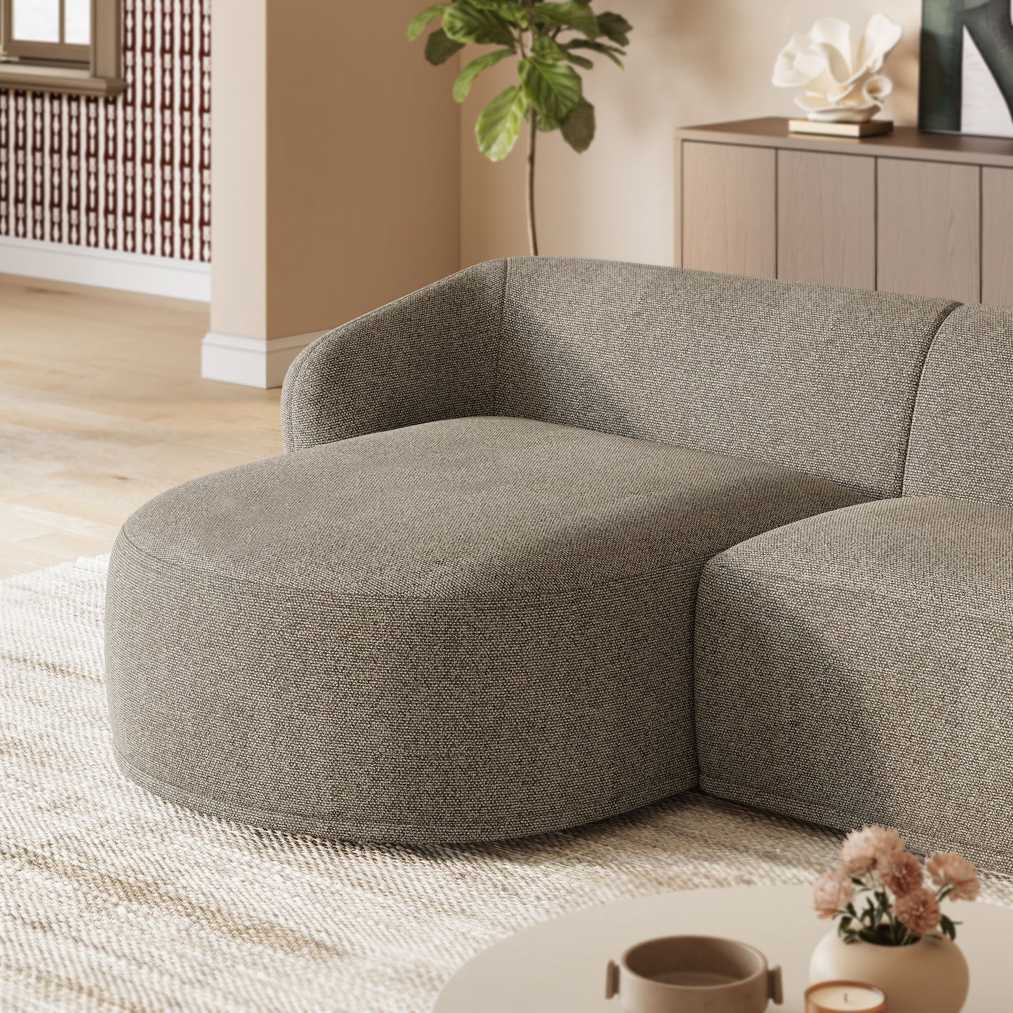 Myrrh 2 Piece Left Facing Boucle Fabric Modular Sofa with Chaise in Earth