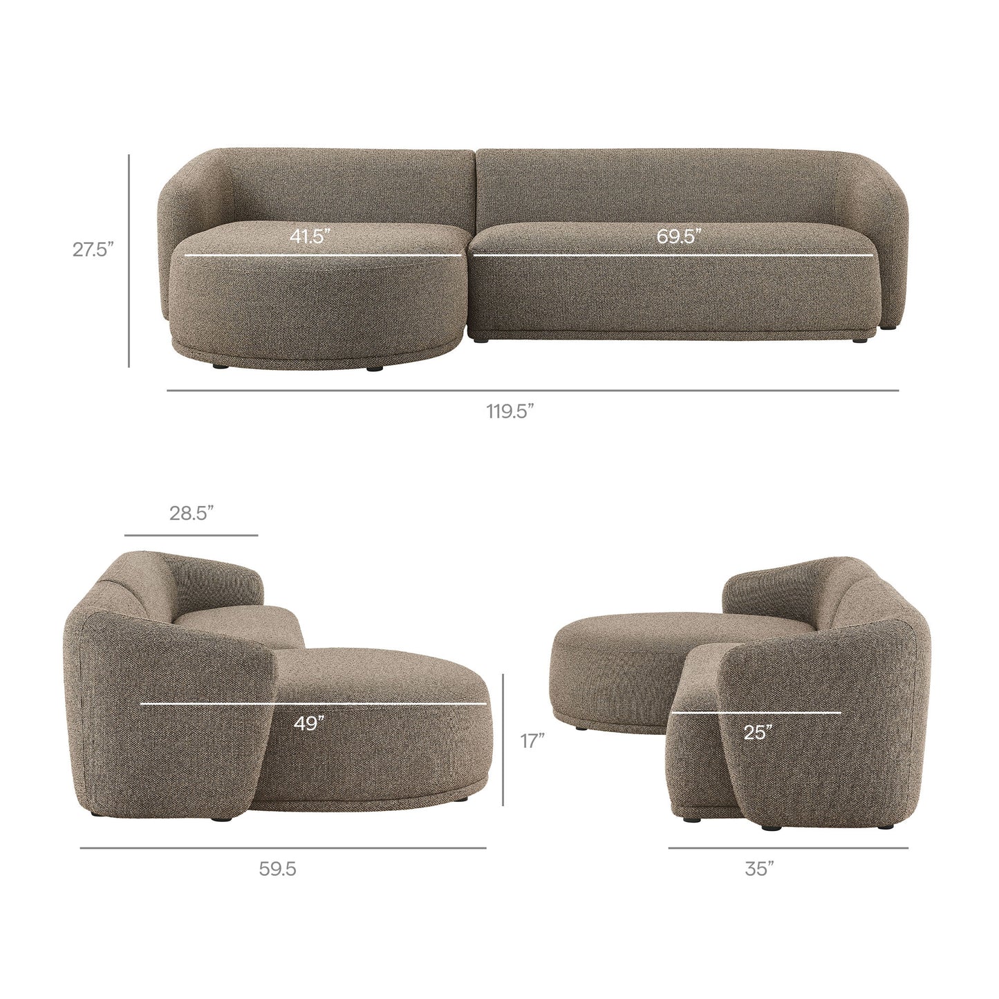 Myrrh 2 Piece Left Facing Boucle Fabric Modular Sofa with Chaise in Earth