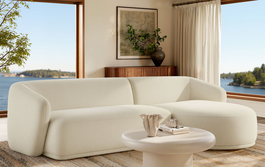 Myrrh 2 Piece Right Facing Boucle Fabric Modular Sofa with Chaise in Cream