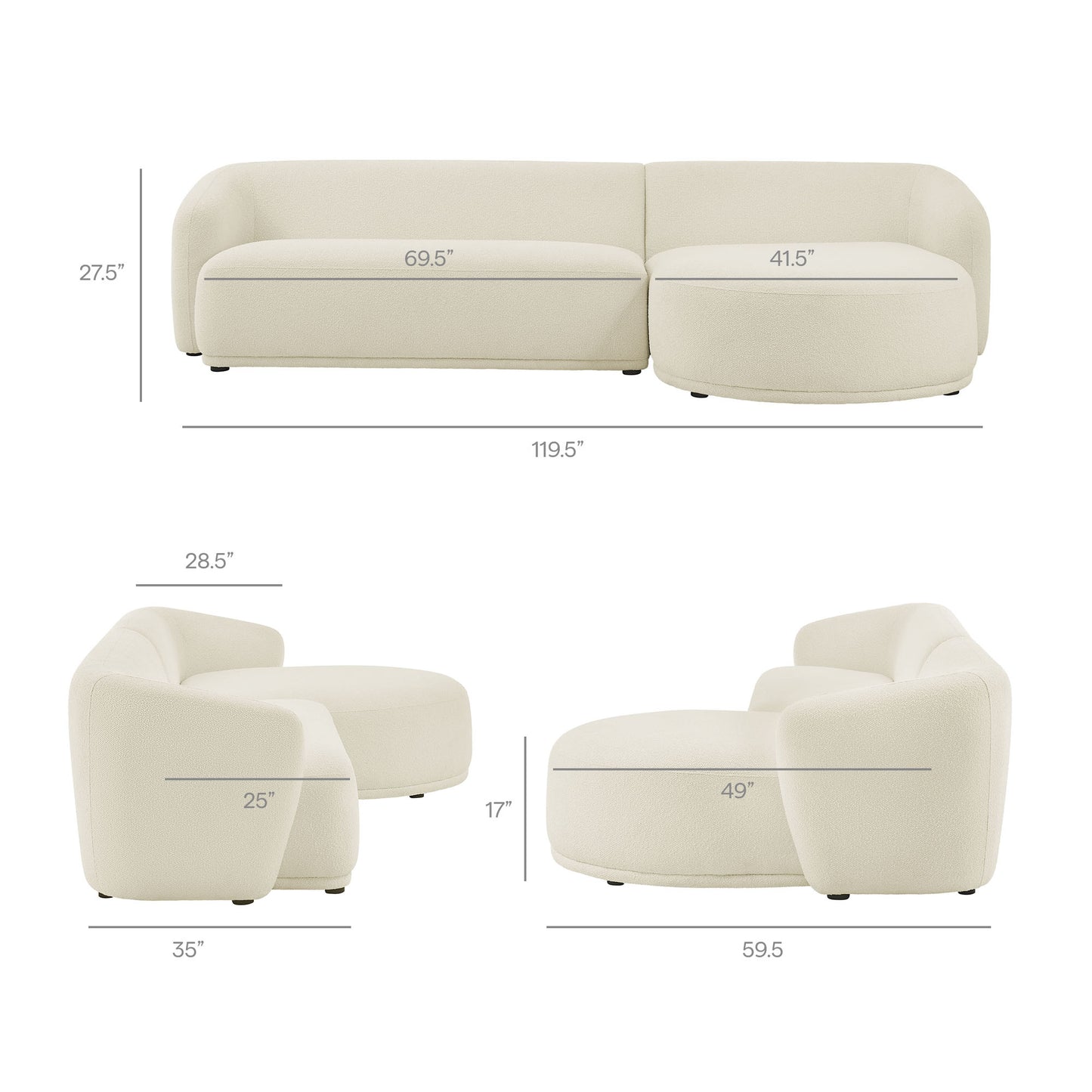 Myrrh 2 Piece Right Facing Boucle Fabric Modular Sofa with Chaise in Cream