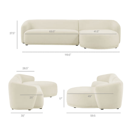 Monica 2 Piece Right Facing Boucle Fabric Modular Sofa with Chaise in Cream