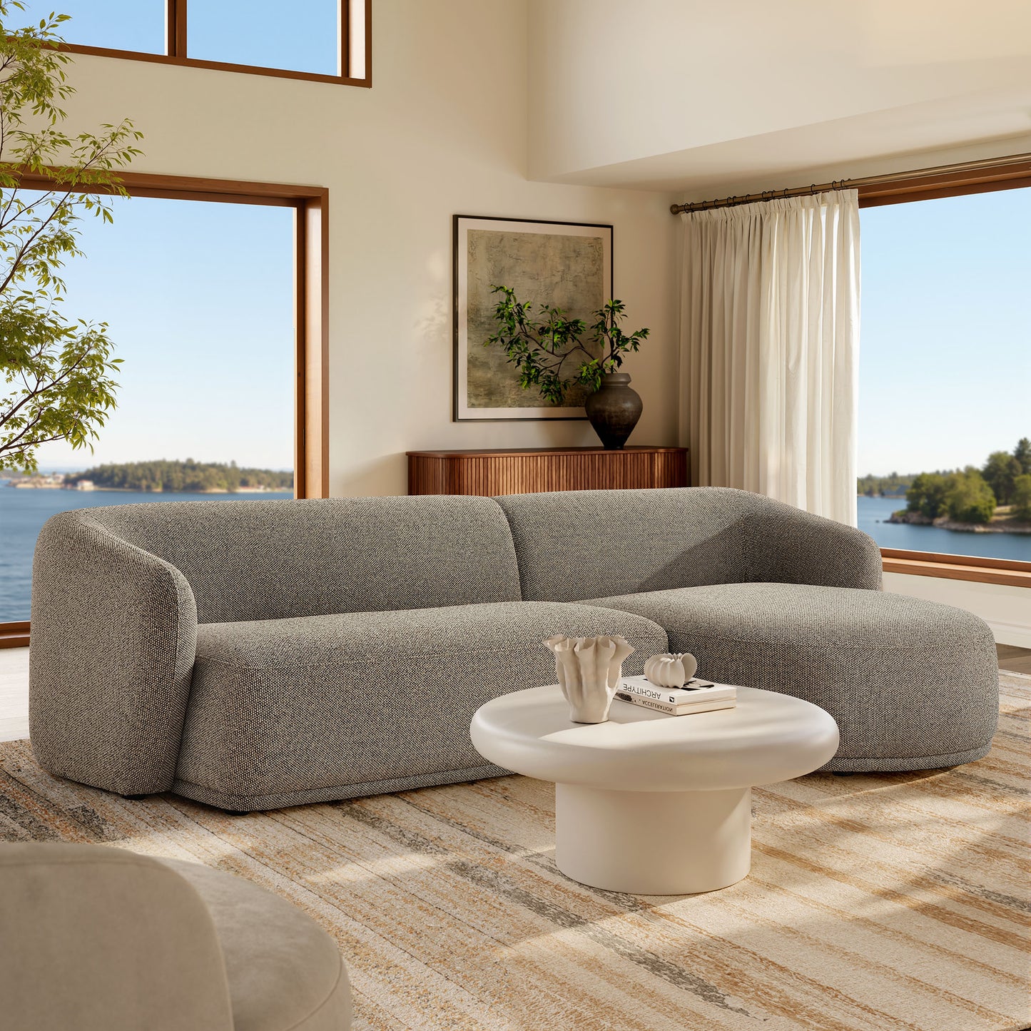 Myrrh 2 Piece Right Facing Boucle Fabric Modular Sofa with Chaise in Earth