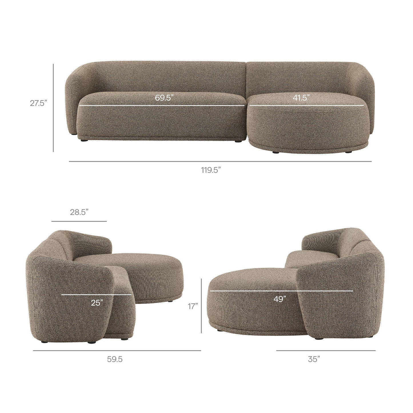 Myrrh 2 Piece Right Facing Boucle Fabric Modular Sofa with Chaise in Earth