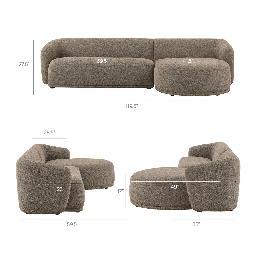 Myrrh 2 Piece Right Facing Boucle Fabric Modular Sofa with Chaise in Earth