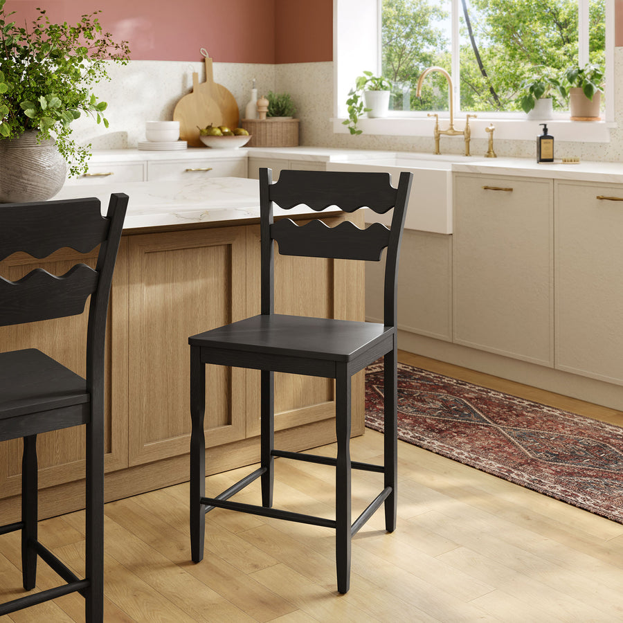 Lennox Oak Wood Counter Stool With Wavy Razor Back in Black