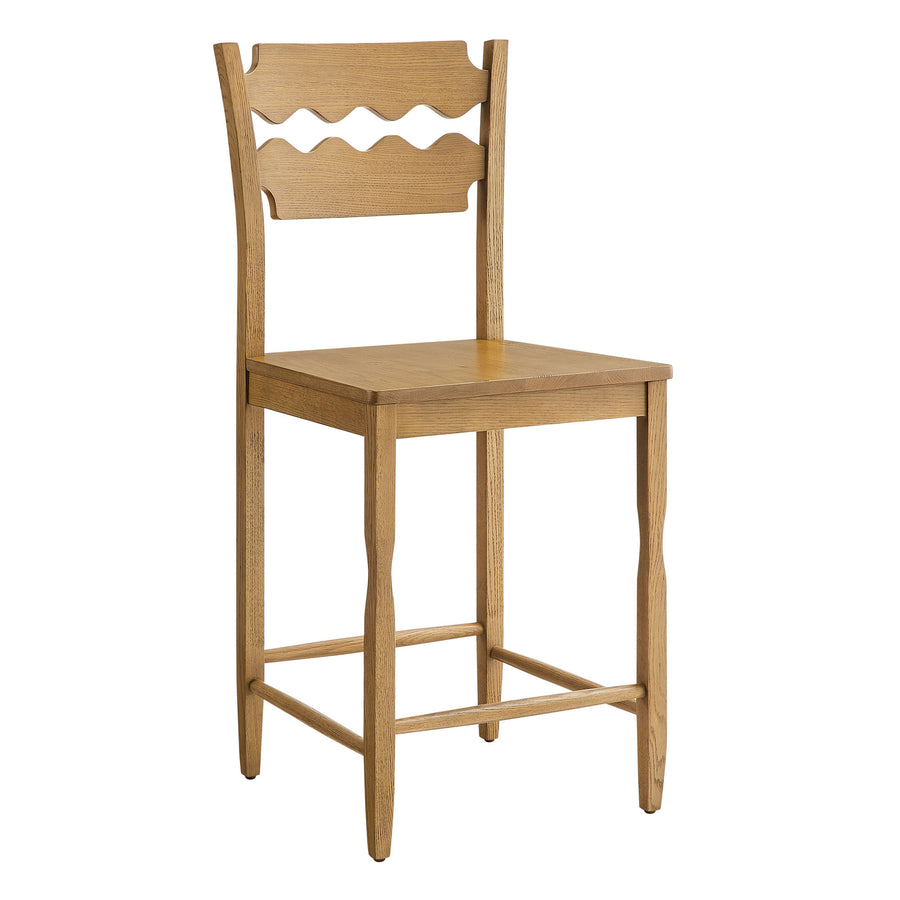 Lennox Oak Wood Counter Stool With Wavy Razor Back in Weathered Oak
